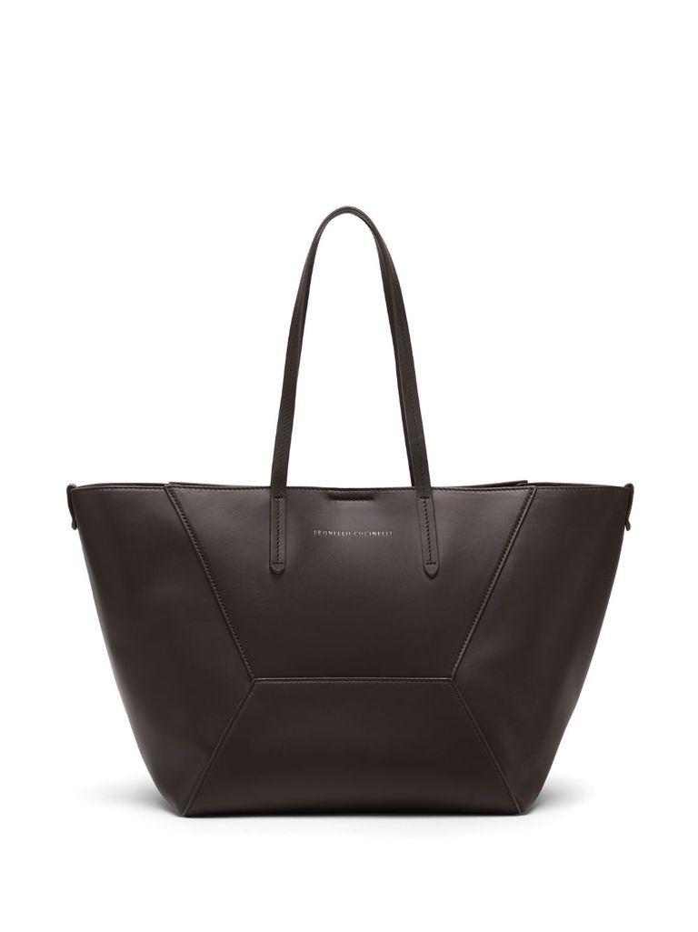 BRUNELLO CUCINELLI CALF LEATHER SHOPPER BAG IN DARK BROWN