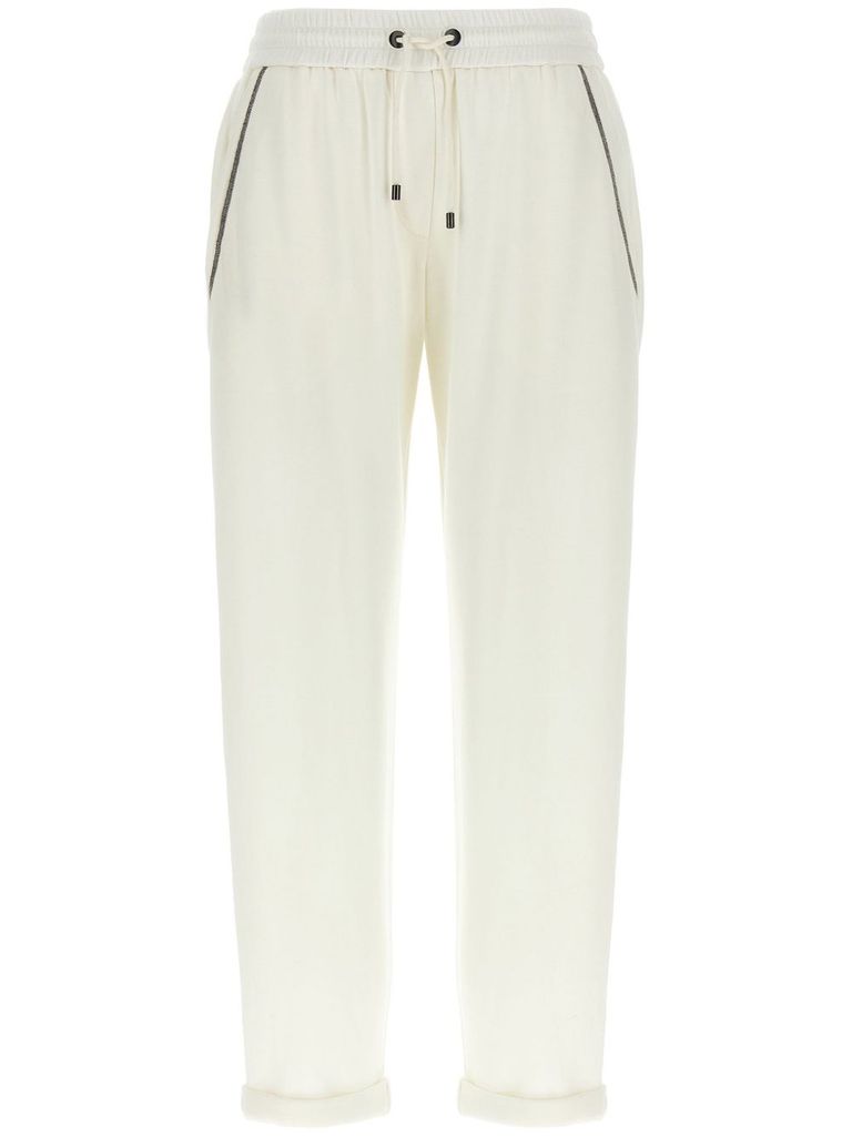 Brunello Cucinelli Track Trousers In Lightweight Stretch Cotton Fleece With Moniline In Beige