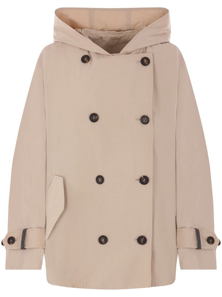Brunello Cucinelli Double-breasted Jacket With Hood And Flap Pockets In Beige