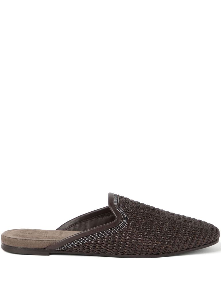 Brunello Cucinelli Monili-embellished Raffia Slippers In Brown