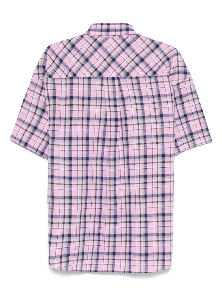 Amish Short-sleeves Checkered Cotton Shirt With Pocket In Pink