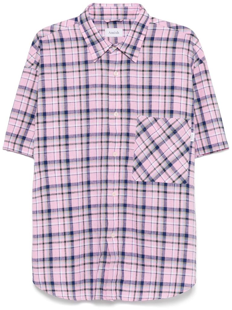 Amish Short-sleeves Checkered Cotton Shirt With Pocket In Pink