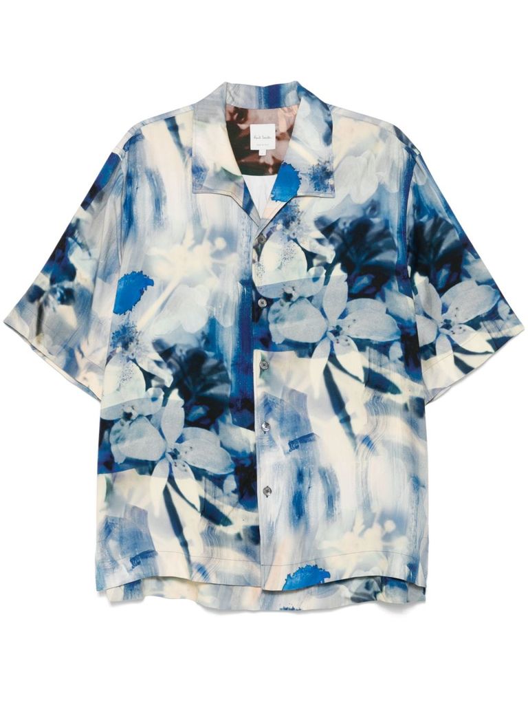 Shop Paul Smith Oversized Shirt With Floral Pattern In Blue And White In Multicolour