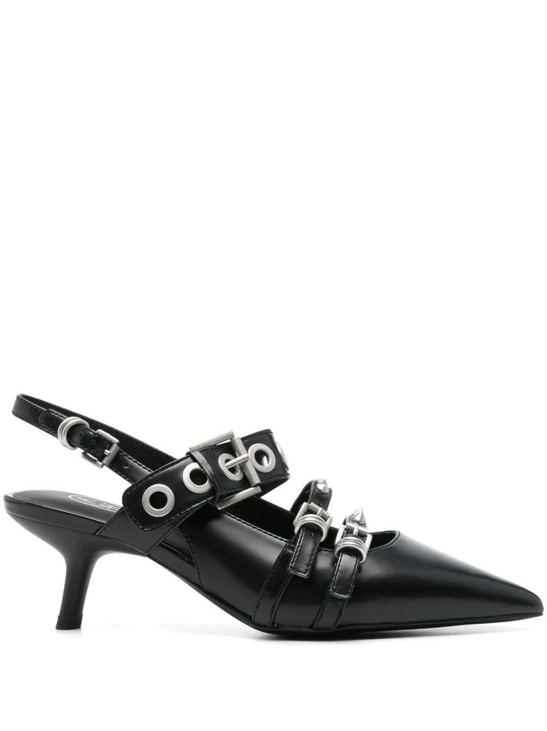 Ash Pointed-toe Slingback Heels With Metallic Eyelets And Studs In Black