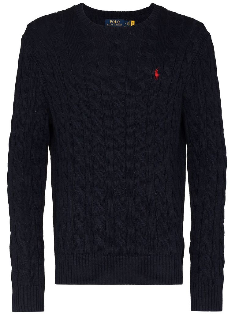 Polo Ralph Lauren Man Navy Blue Brided Cotton Sweater With Red Pony In Blue