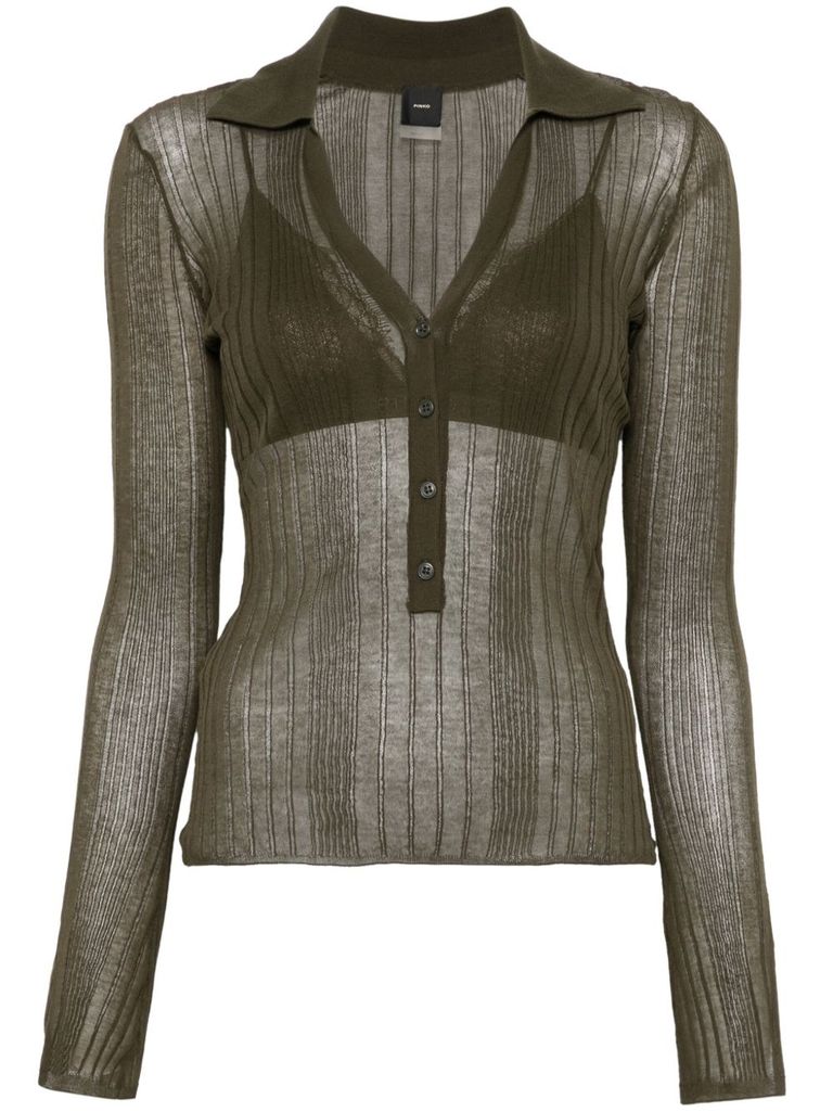 Pinko Ribbed Long-sleeved Top With Deep V-neckline In Green