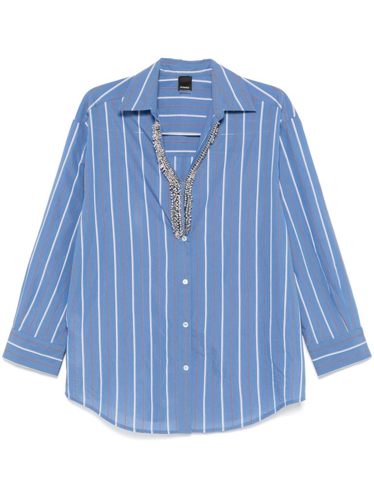 Shop Pinko Striped 'capirai' Shirt With Strass In Blue