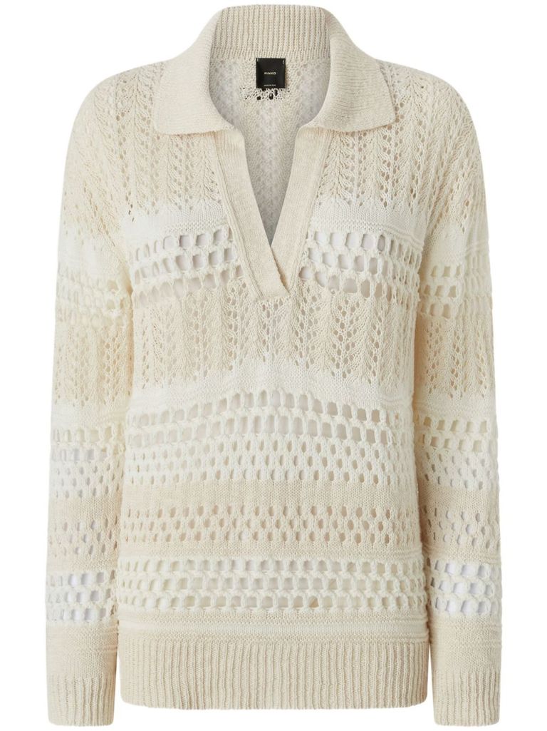 Pinko Textured Knit White Sweater With Stylish Collar In White
