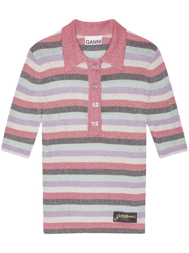 Ganni Womens Multicolour Sparkle-rib Short-sleeve Knitted Polo Shirt In Multicolour