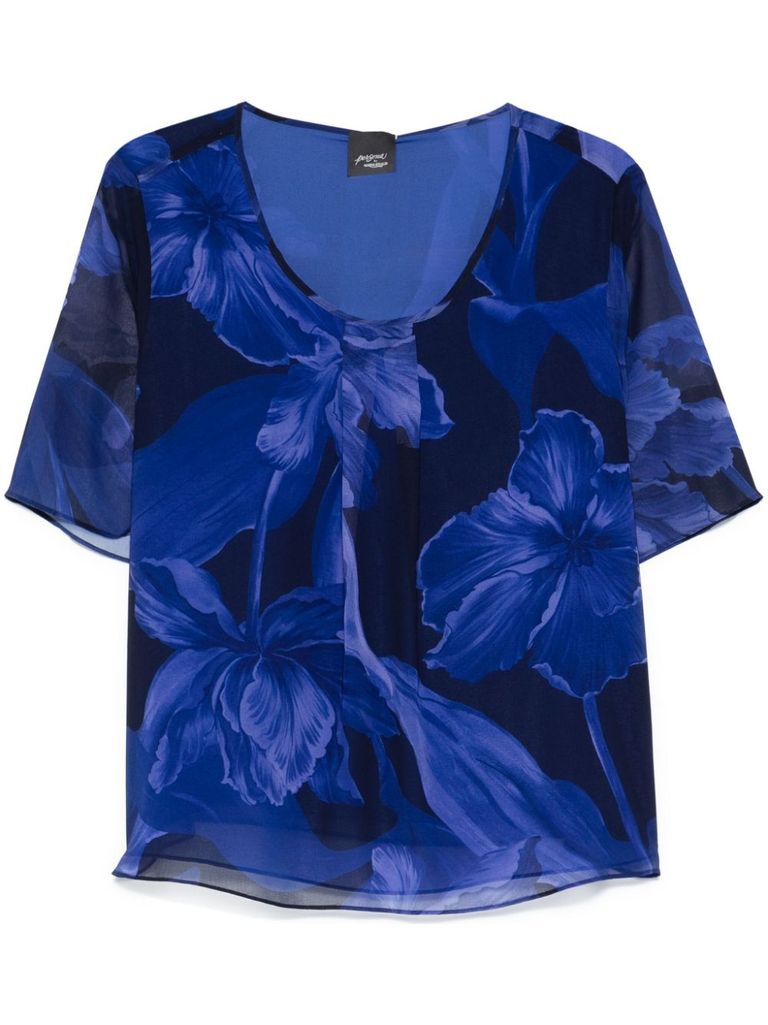 Shop Marina Rinaldi Blue 'pegola' Blouse With Floral Print