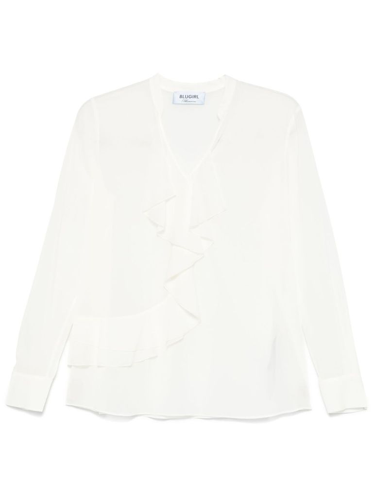 BLUGIRL SEMI TRASPARENT BLOUSE IN WHITE SILK WITH ROUCHES