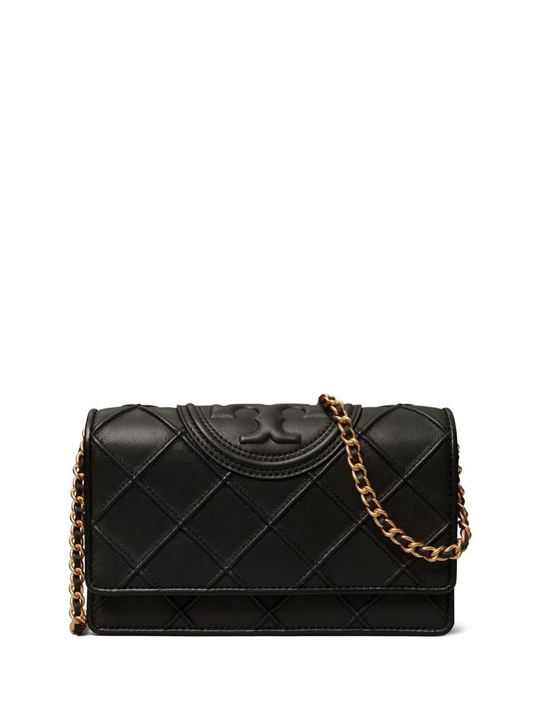 Tory Burch Fleming Soft Leather Wallet On A Chain In Black