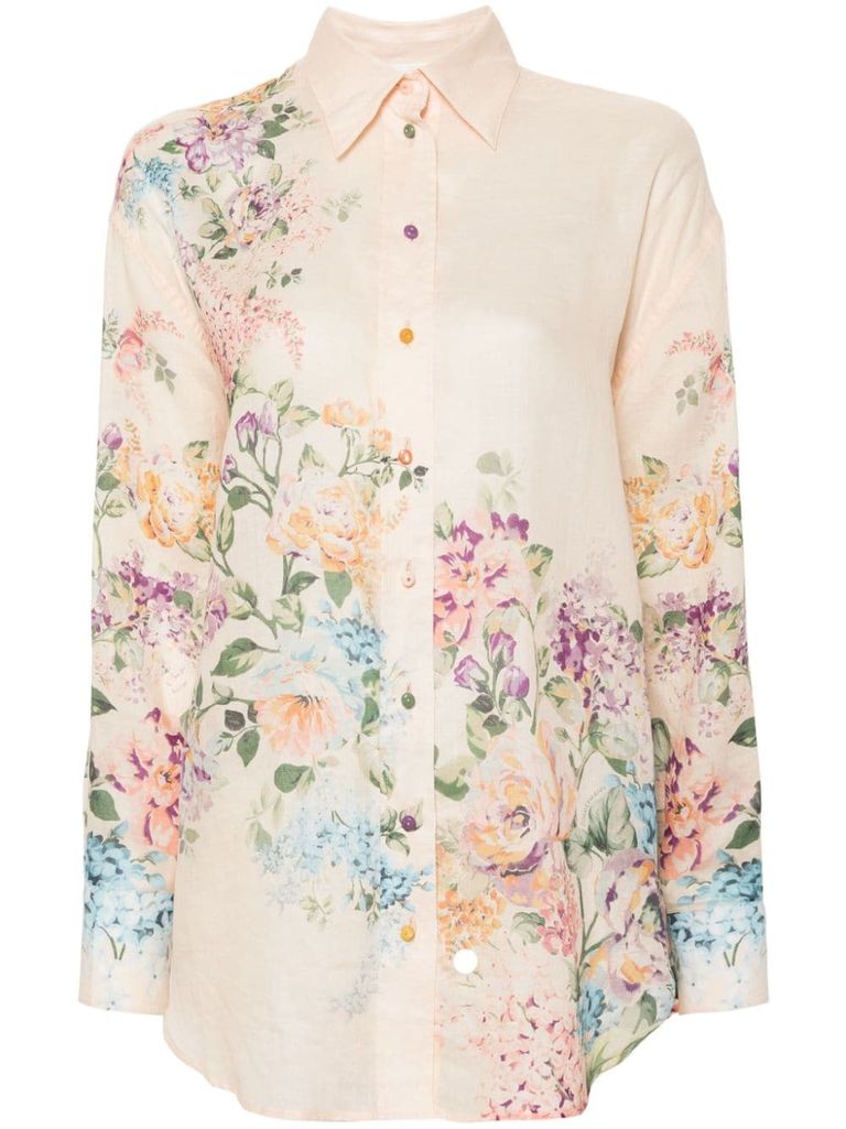Zimmermann Beige Lightweight Floral Print Semi-transparent Ramie Shirt In Multi