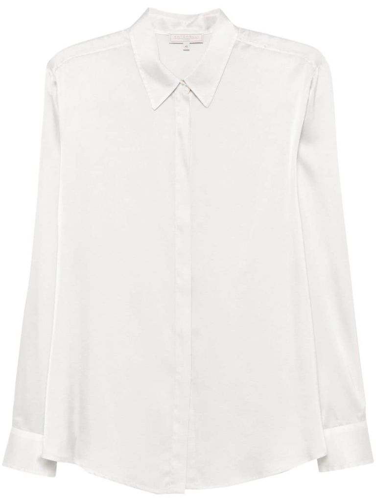 Antonelli Long-sleeved Silk Blend Shirt With Curved Hem And Classic Collar In White