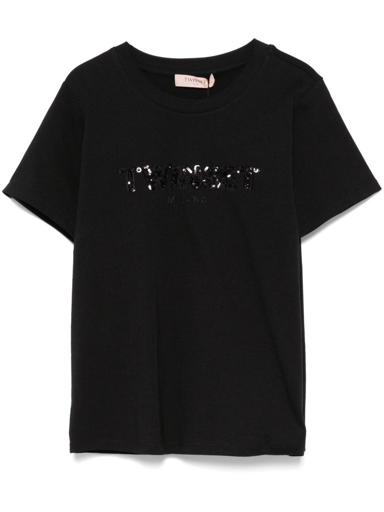 Twinset Cotton T-shirt In Black With Embroidered Logo With Sequins In Black