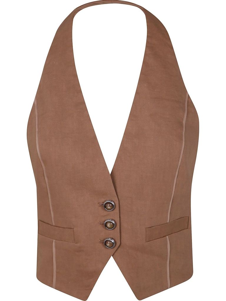 Pinko Tailored Brown Vest With V-neckline And Button Detail In Brown