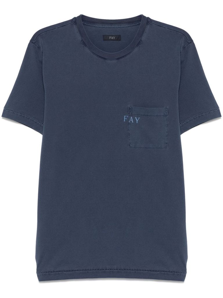 Fay Blue Crewneck T-shirt With Pocket And Logo In Blue