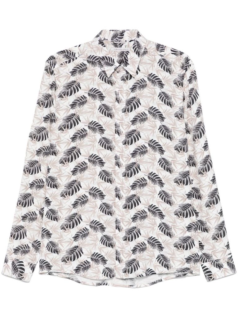 DANIELE ALESSANDRINI WHITE SHIRT IN COTTON LONG SLEEVES WITH PRINT LEAVES