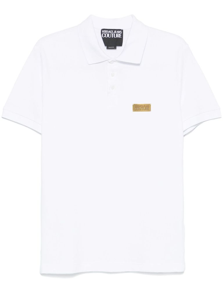 Shop Versace Jeans Couture White Polo Shirt In Cotton With Gold Label With Logo