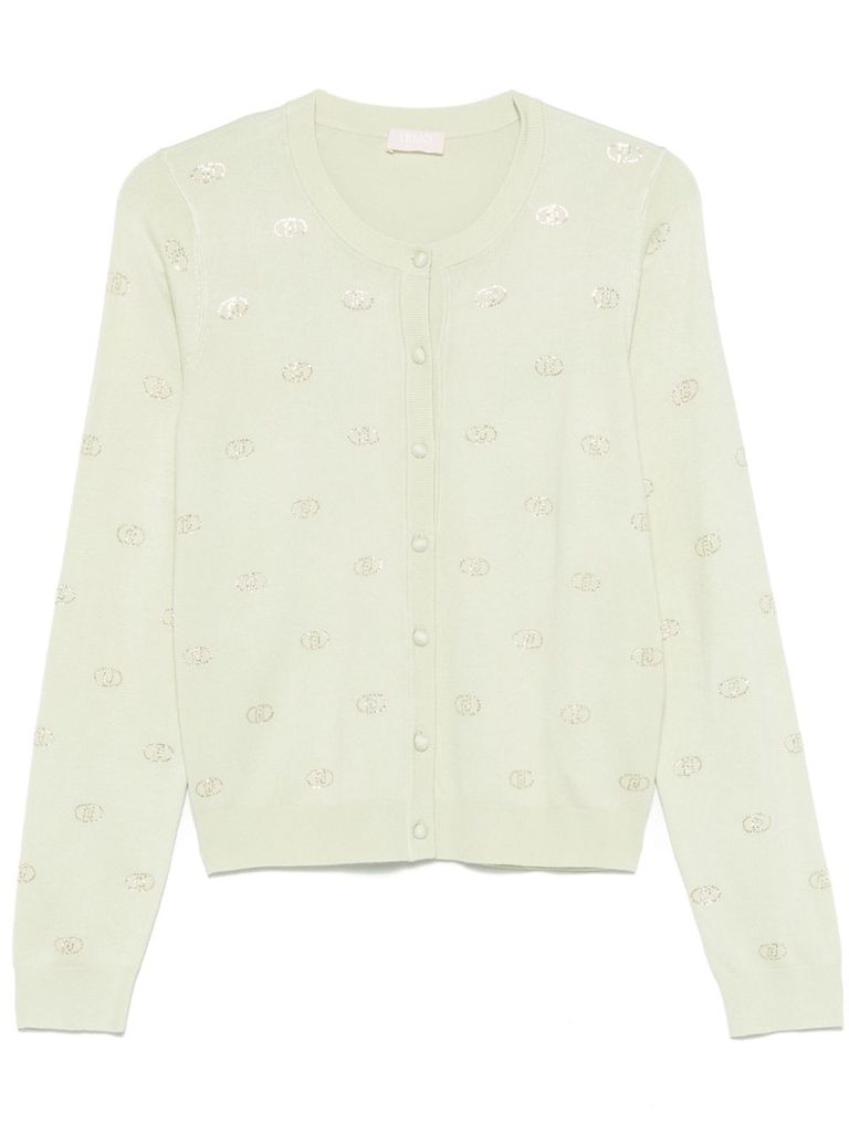 Shop Liu •jo Cardigan In Light Green With Lettering Motif Con Strass