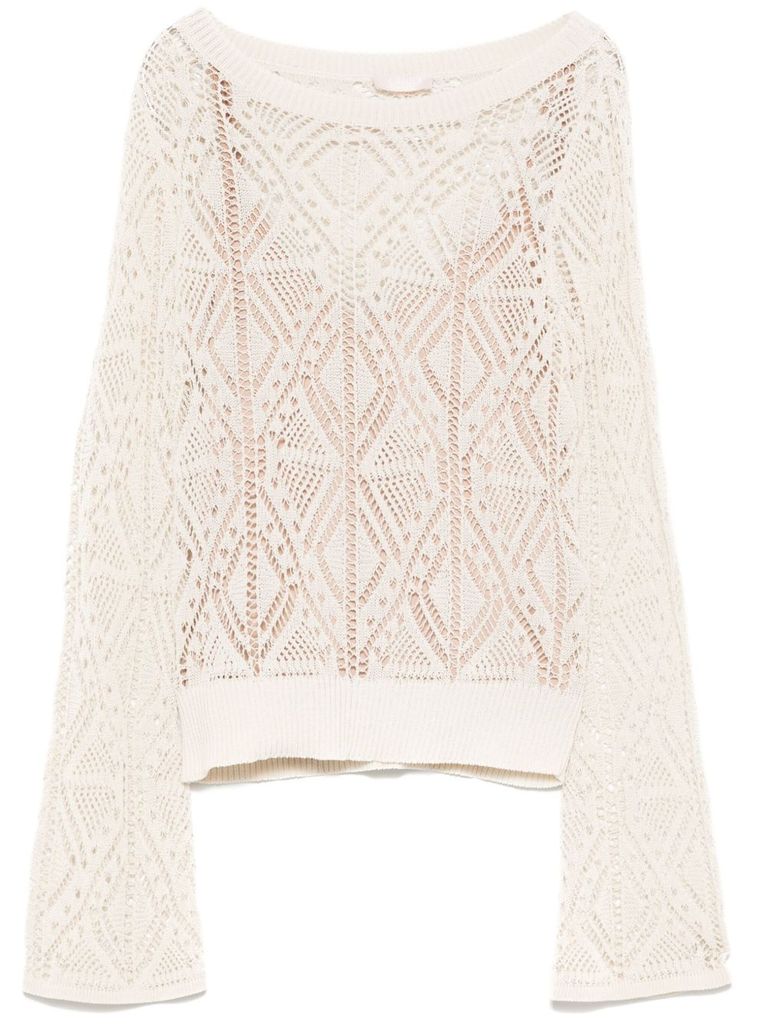 Liu •jo Cotton Knit Sweater In Sand Beige With Openwork Pattern In Beige