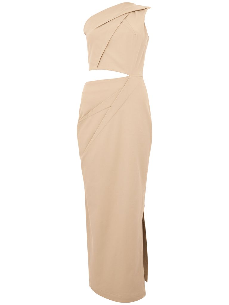 Shop Max Mara Cotton Midi Dress In Beige With Cut-out Detail