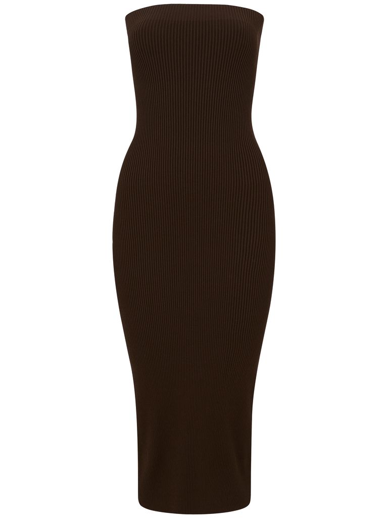 Shop Max Mara Brown Strapless Ribbed Midi Sheath Dress