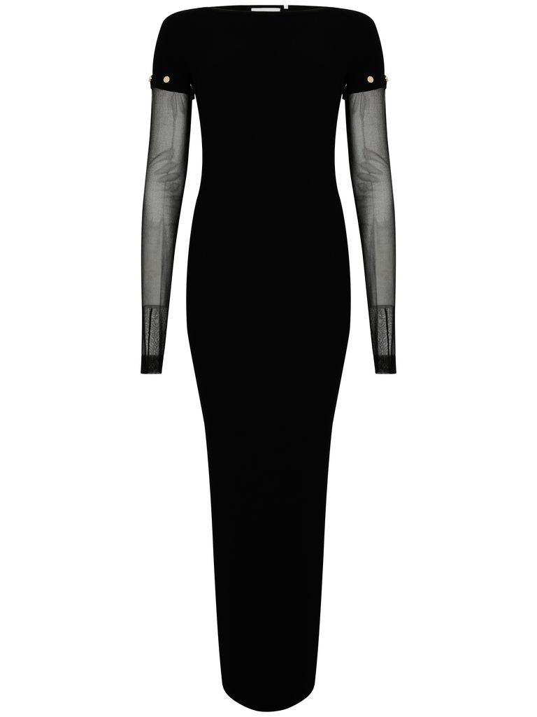 Sportmax Sleeve Button Detail Off-shoulder Ribbed Sheer Dress In Black