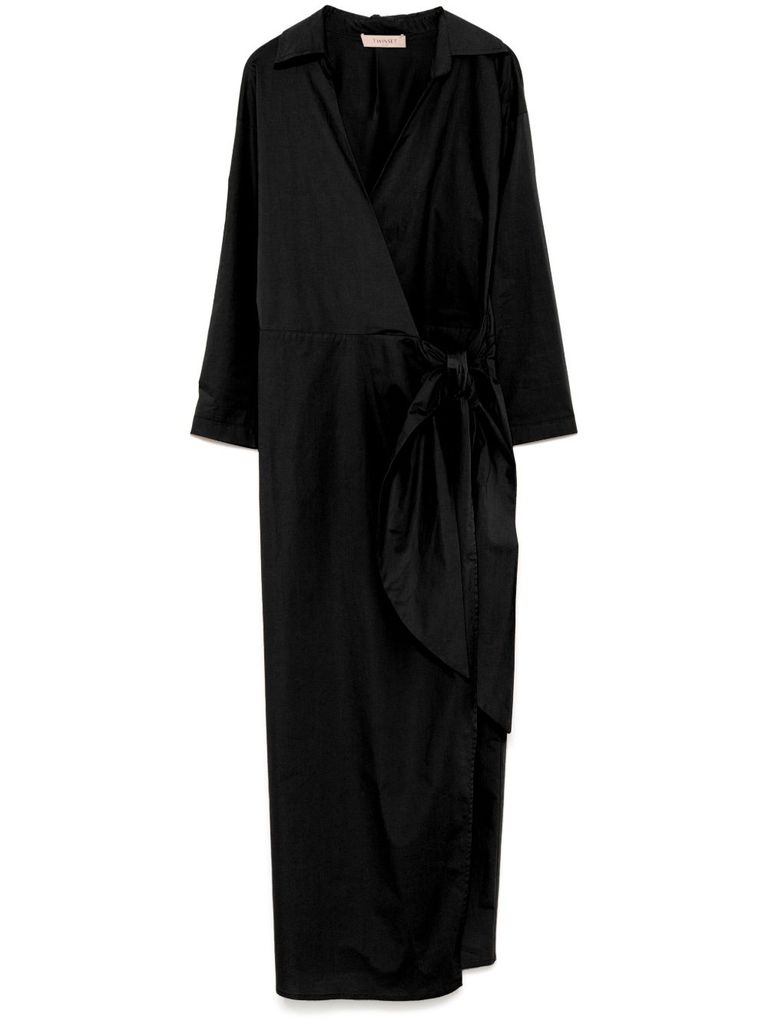 Twinset Twin-set Wrap-design Black Midi Dress With Tie Waist In Black