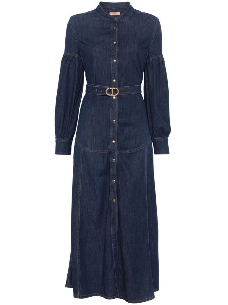 Twinset Denim Midi Dress In Blue With Belted Waist In Blue