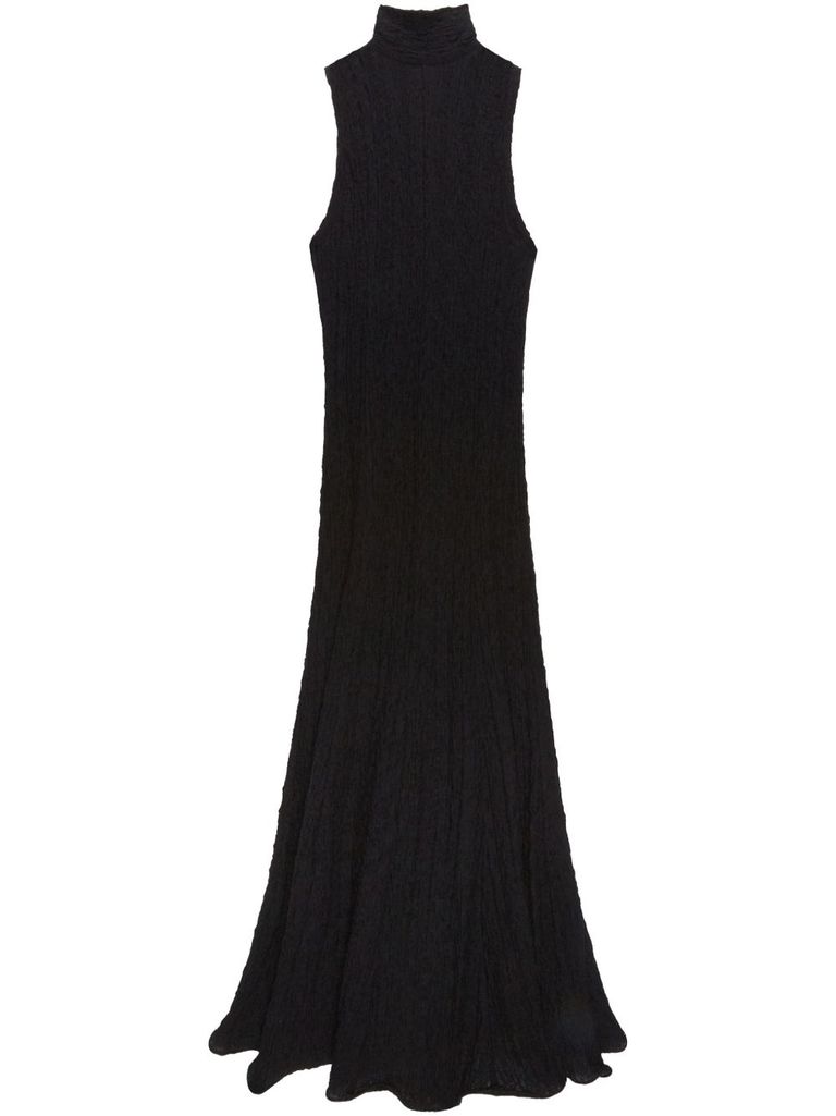 Msgm Maxi Dress With High Neck And Textured Fabric In Black