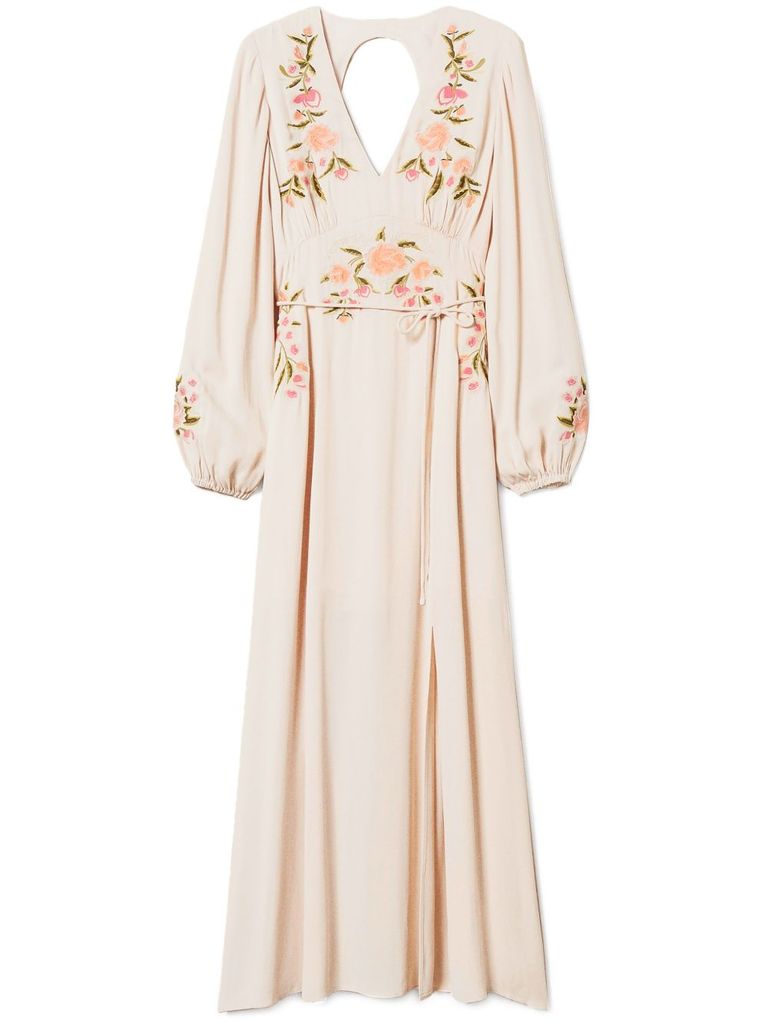 TWINSET MIDI DRESS IN POWDER PINK WITH FLORAL EMBROIDERY
