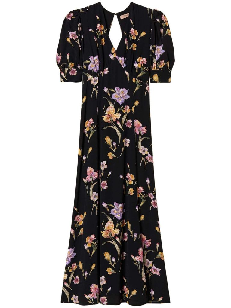 Twinset Floral-print Satin Maxi Dress In Black