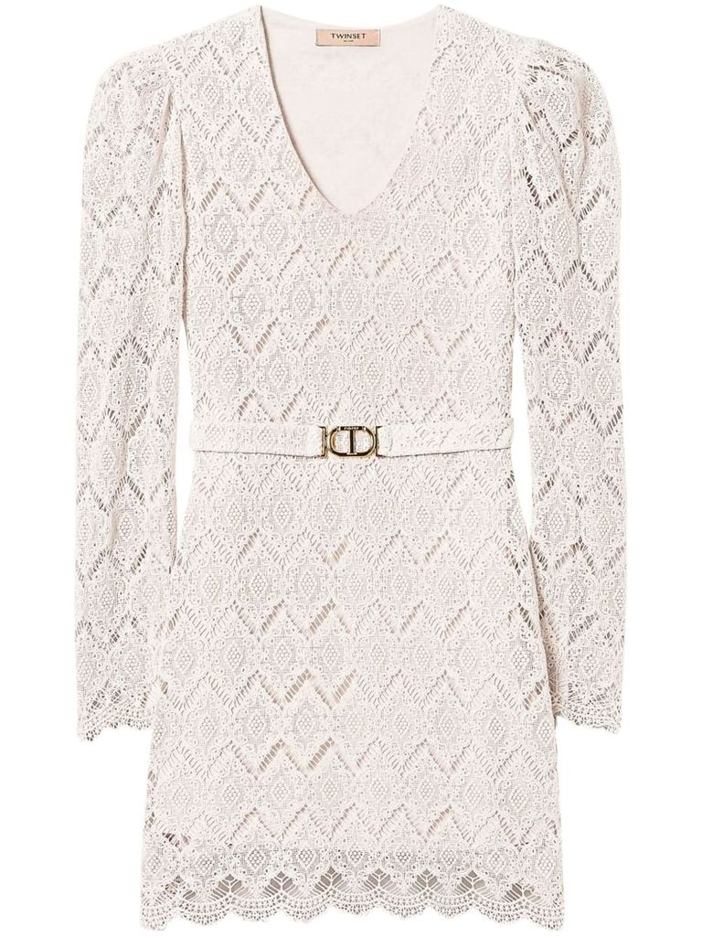 Shop Twinset Cotton Mini Dress In Ivory In Macramé In Beige