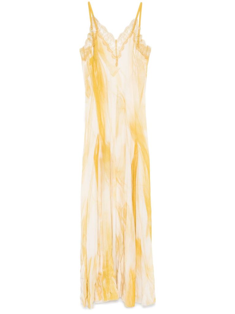 Shop Elisabetta Franchi Long Dress In White And Yellow With Adjustable Shoulder Straps