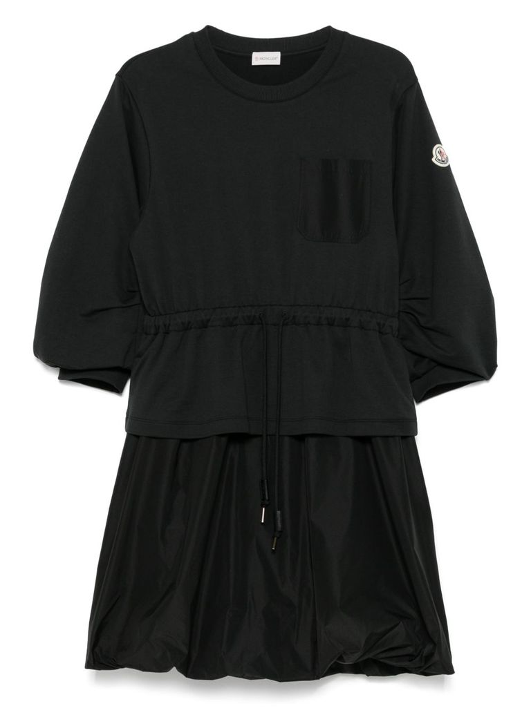 Moncler Black Dress With Elastic Waist And Logo Patch On The Sleeve In Tech Fabric Woman In Black