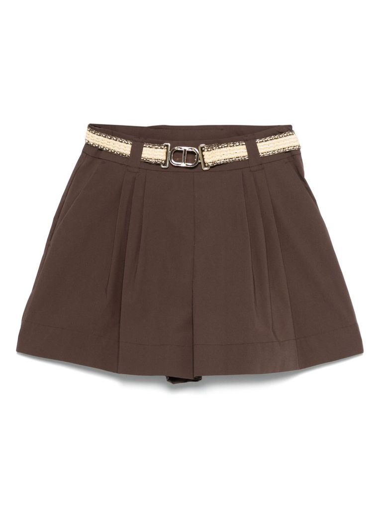 Shop Twinset Cotton Shorts In Brown With Belt Waist