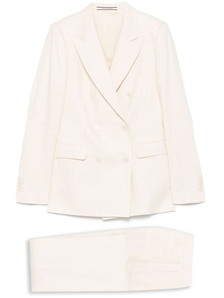 Tagliatore Double-breasted Blazer With Flared Trousers In Textured Fabric In White