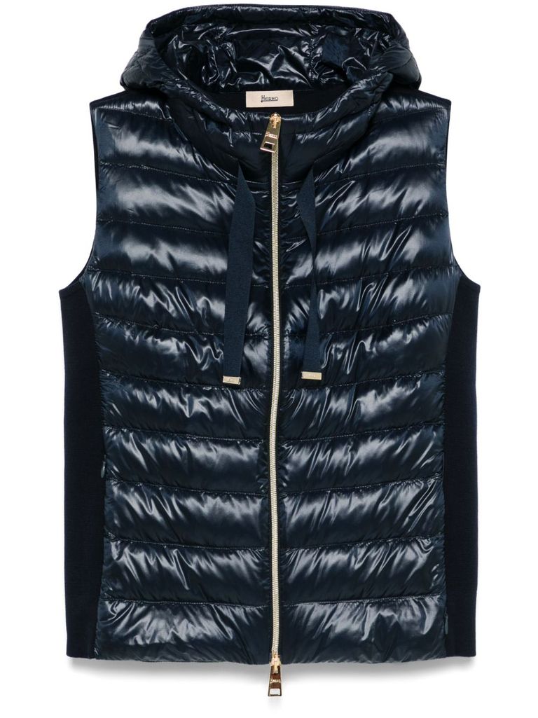 Herno Quilted Vest With Shiny Finish And Cozy Hood In Blue