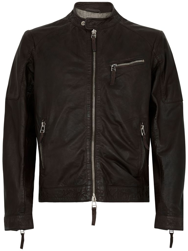 The Jack And Jackie Leathers Brown Leather Jacket With Stand-up Collar In Brown