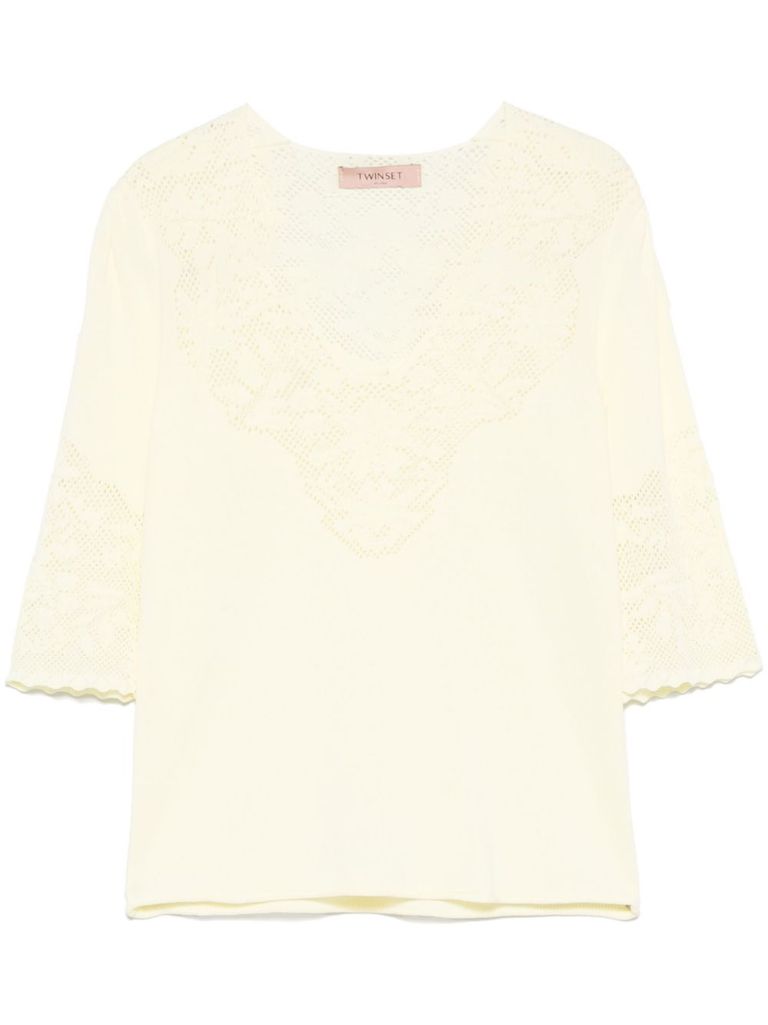 Shop Twinset Light Yellow Sweater With Pointelle Knit