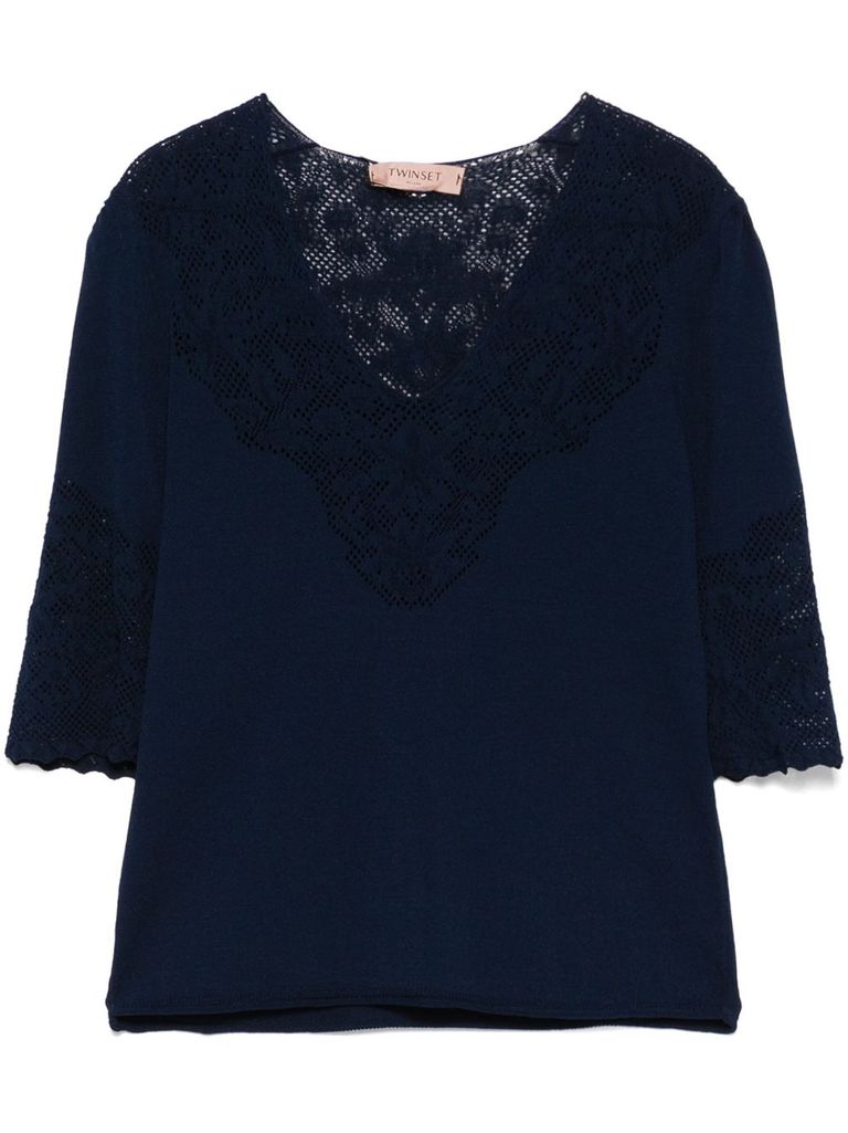 Shop Twinset Blue Sweater With Pointelle Knit