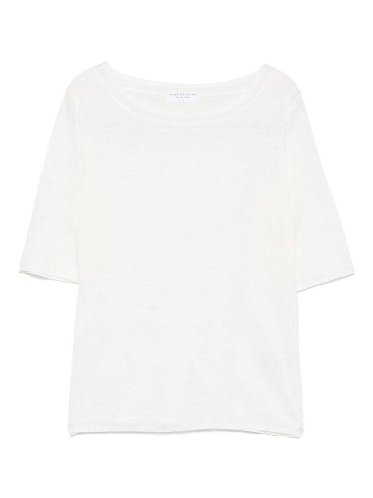Shop Majestic White Linen Sweater With Crew Neck Short Sleeves Ribbed Trim