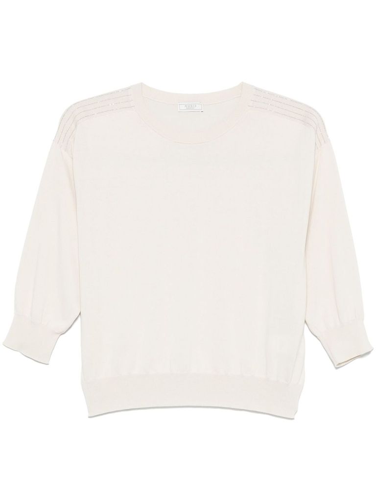 Shop Peserico Beige Cotton Sweater With  Three-quarter Length Sleeves