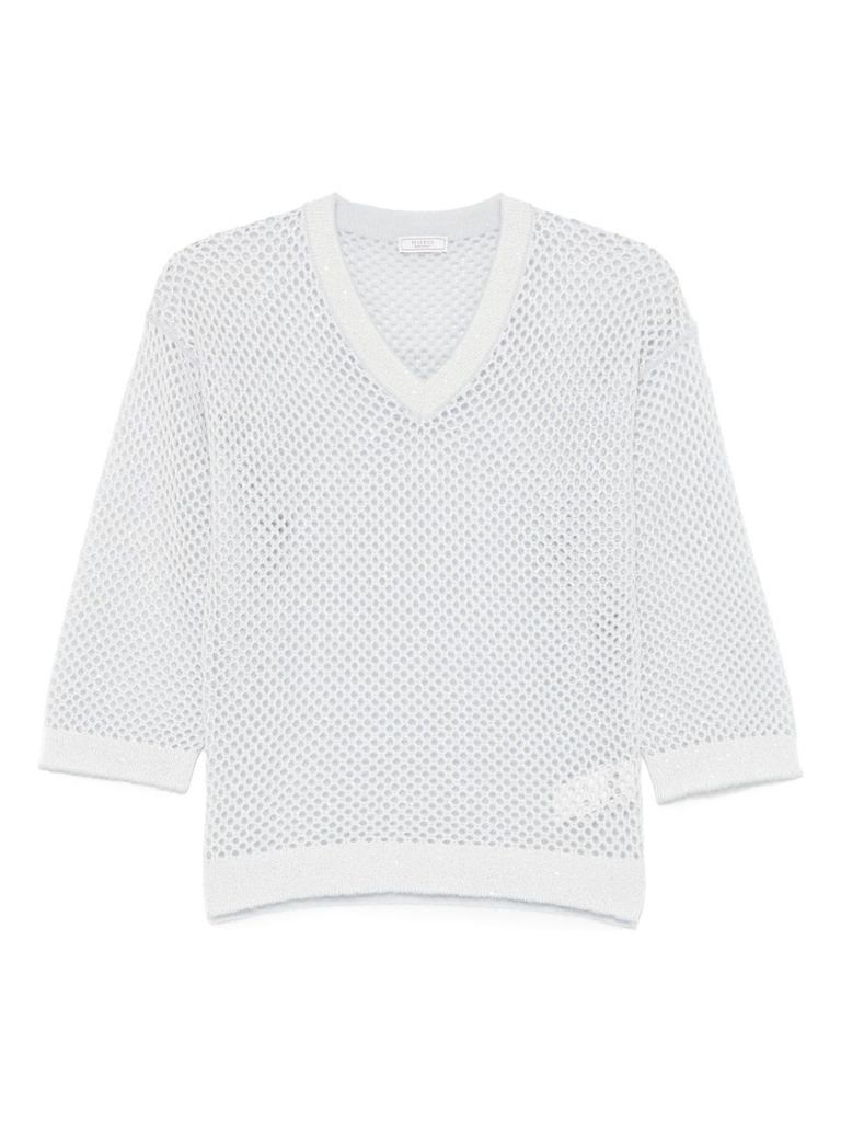 Shop Peserico Grey Perforated Sweater With V-neck Three-quarter Length Sleeves