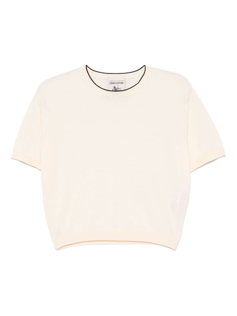 Shop Semicouture Beige Cotton Sweater With Short Sleeves