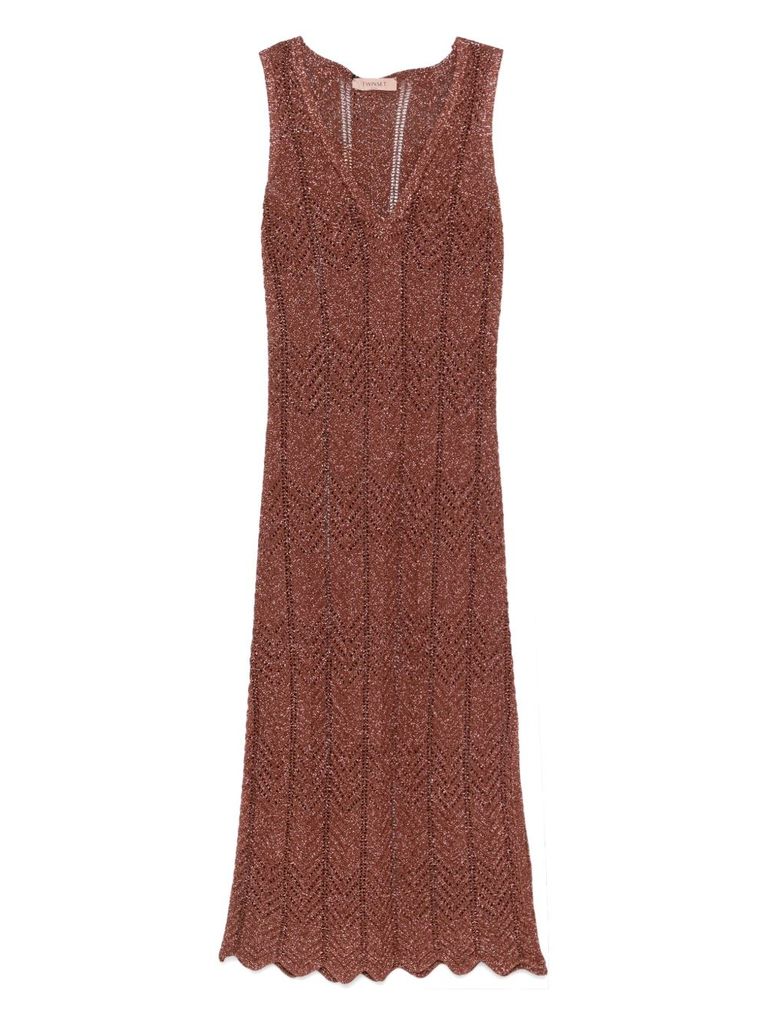 Twinset Brown Sleeveless Long Dress With V Neck And Logo Plaque On The Rear In Viscose Blend Woman In Brown
