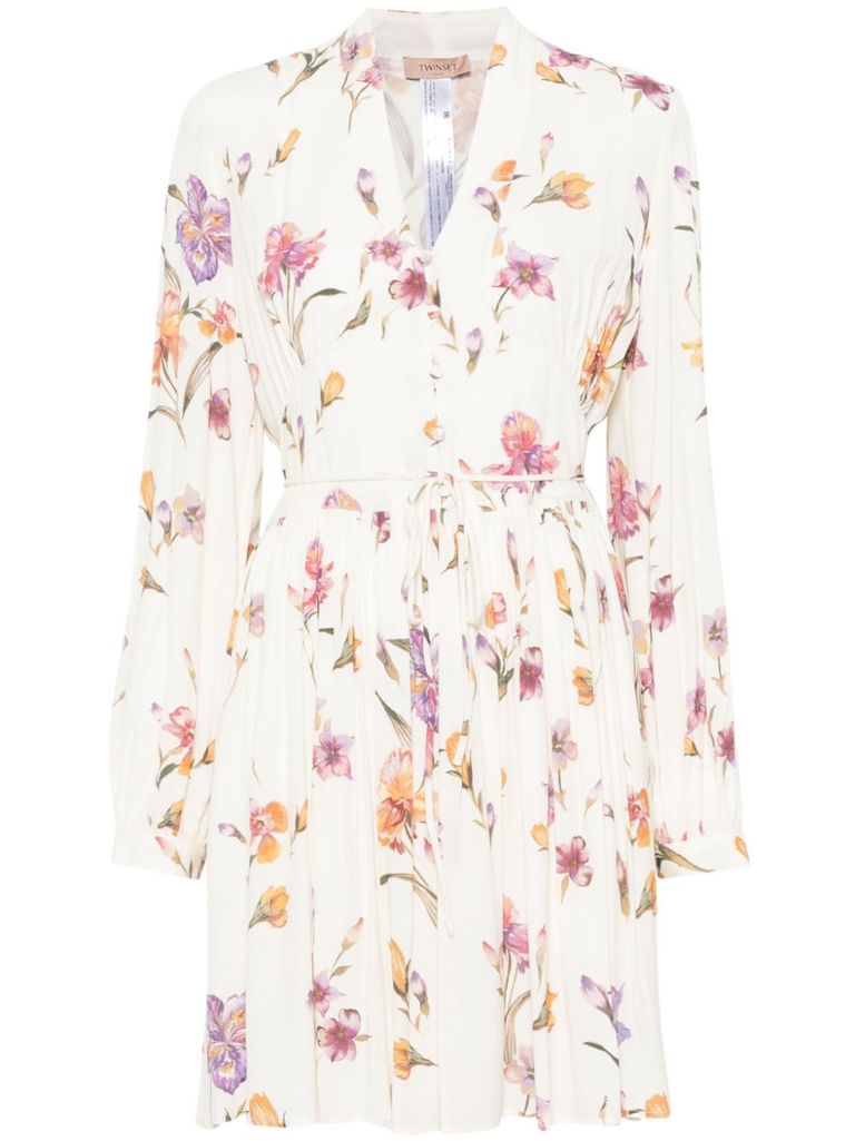 Twinset Twin-set Neutrals Floral Print Mini Dress In Multicolour