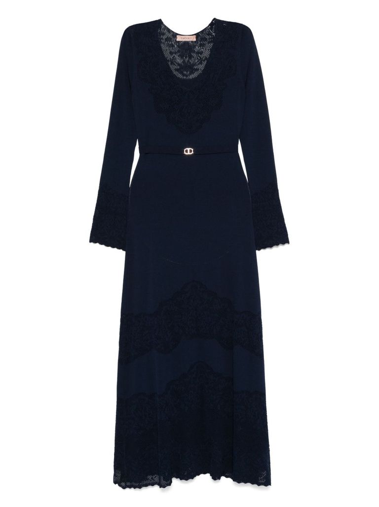 Twinset Openwork-knit Midi Dress In Blue