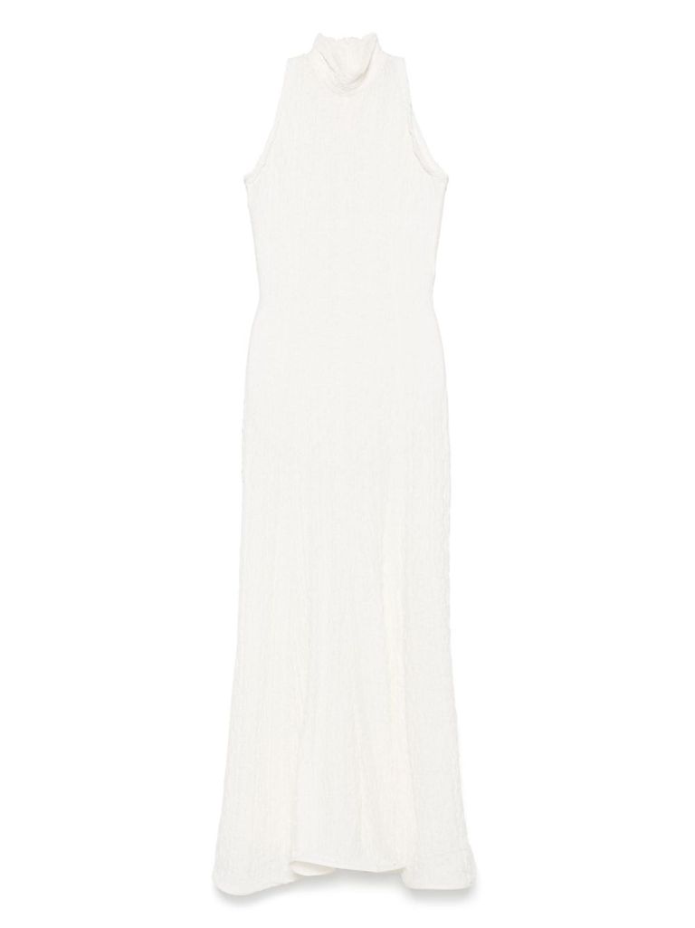 Msgm White Maxi Dress With High Neckline And Fitted Bodice In White